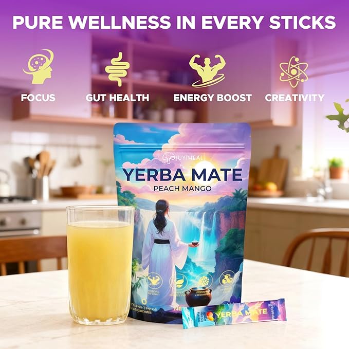 JUYIHEAL 30 Sticks Yerba Mate Powder, Super Yerba Mate Instant Tea Powder Single Serve Sticks with Lions'mane, L-Theanine, Prebiotics, Probiotics for Energy, Focus & Gut Health, Sugar-Free, Peach Mango