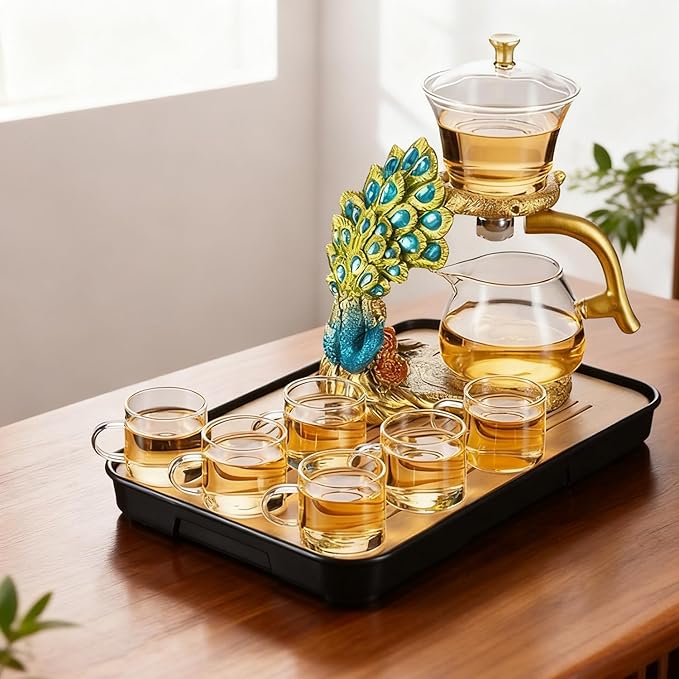 Lazy Kungfu Glass Tea Set Heat Resistant Semi Automatic Drip Rotating with Infuser Magnetic Teapot Set for Gongfu Tea Making Ideal (Peacock)