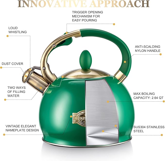 Susteas Stove Top Whistling Tea Kettle - Food Grade Stainless Steel Teakettle Teapot with Cool Touch Ergonomic Handle