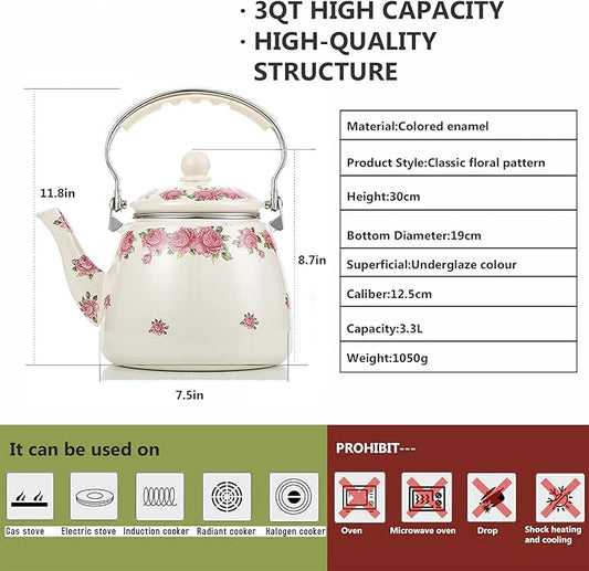 Tea Kettle Pot for Stove Top,Porcelain Large Enamel Teakettle,3.3L Colorful Teapot Floral Ceramic for Stovetop,Retro Classic Design