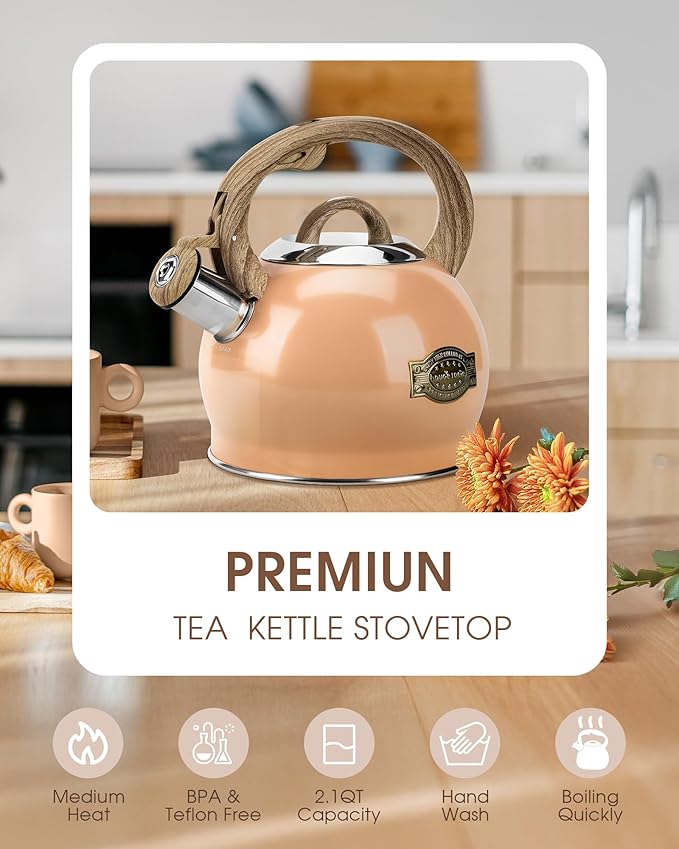Tea Kettle Stovetop, 2.1 Quart Stove Top Whistling Tea Kettle, Teapot Kettles with Food Grade Stainless Steel and Wood Pattern Folding Handle