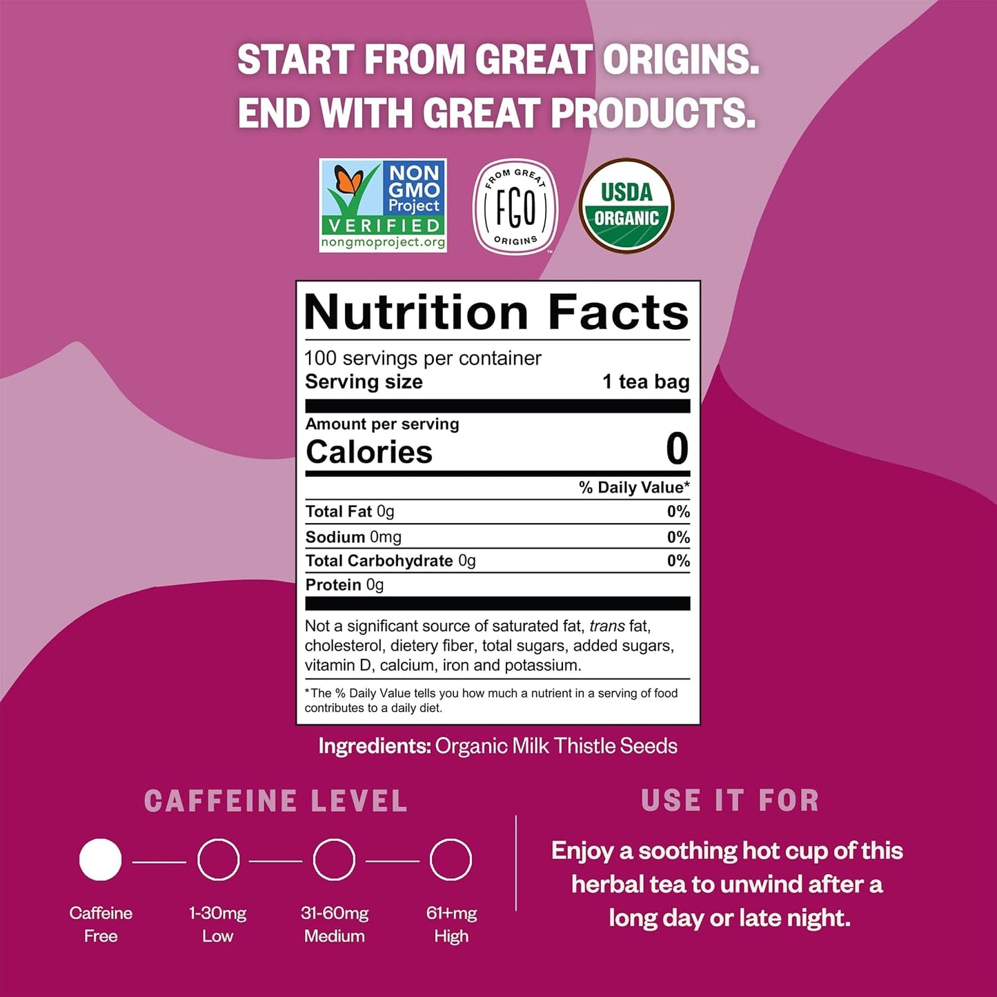 FGO Organic Milk Thistle Tea, 100 Count, Eco-Conscious Herbal Tea Bags, Resealable Bag, Caffeine Free, Packaging May Vary (Pack of 1)