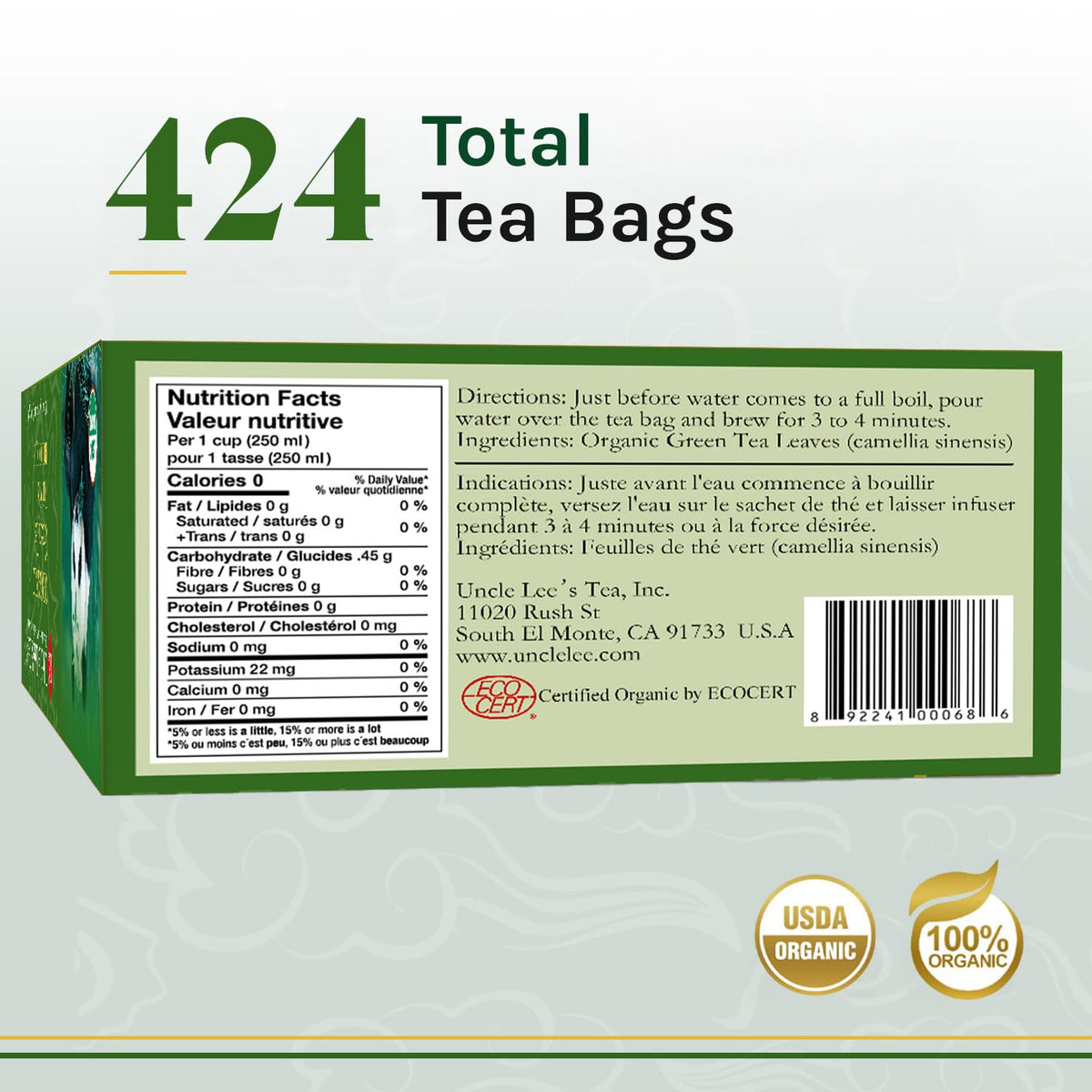 Uncle Lee's Organic Green Tea Bags 4-Pack, 106-Count Super Packs – Bright & Refreshing, Lightly Caffeinated Bulk Tea for Home, Office, Camping