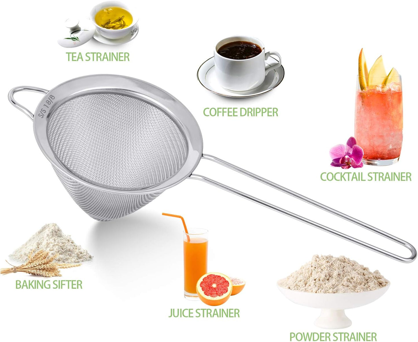 2 Pack Stainless Steel 18/8 Small Food Strainer, Fine Mesh Sieve with Long Handle, Cocktail Strainer For Cocktails, Tea Herbs, Coffee &amp; Drinks, Rust Proof &amp; Great as Tea Strainer, 3.5inch
