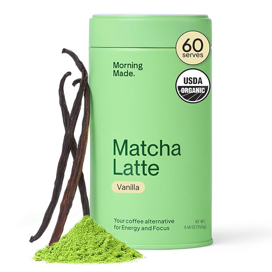Morning Made Vanilla Flavored Ceremonial Grade Matcha Powder | 8.46oz (240g) Resealable Tin | 60 Servings Premium Japanese Green Tea | Sweetened with Organic Sugar | Rich in Antioxidants & Energy Boosting