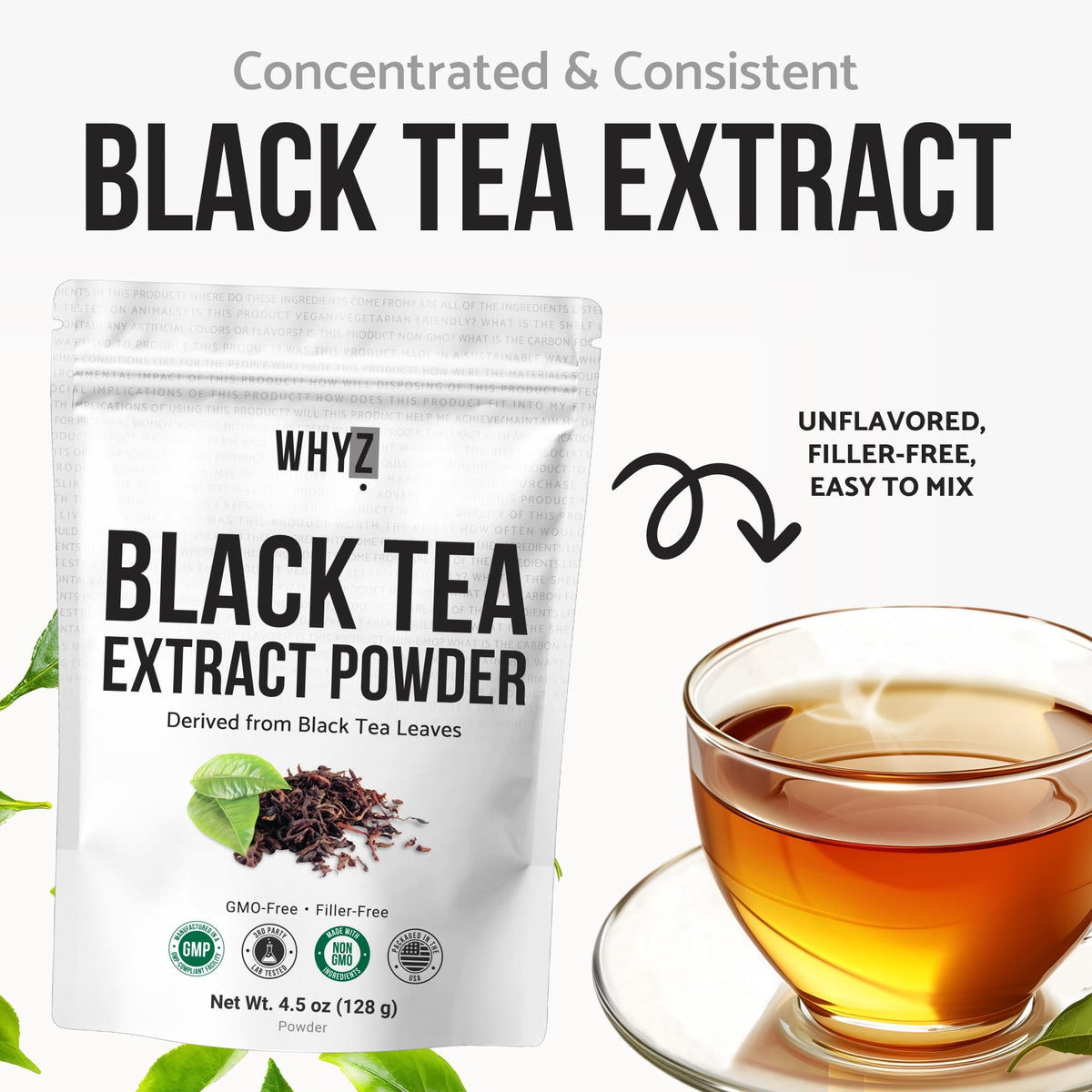 WHYZ Instant Black Tea Extract Powder, Unsweetened Iced Tea Extract, 4.5 oz