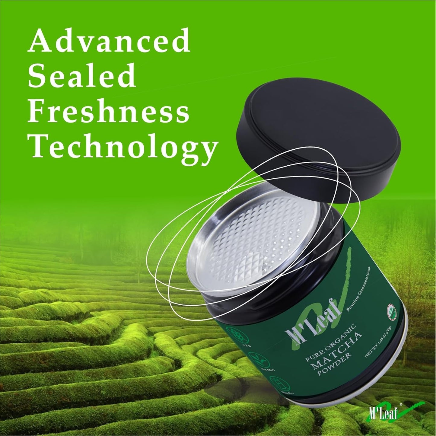 M'leaf Matcha Powder-Organic,Ceremonial Grade,Authentic 1st Harvest,Unsweetened,USDA,No Additives,Air-tight Tin，low-caffeine(1.06oz/30g)