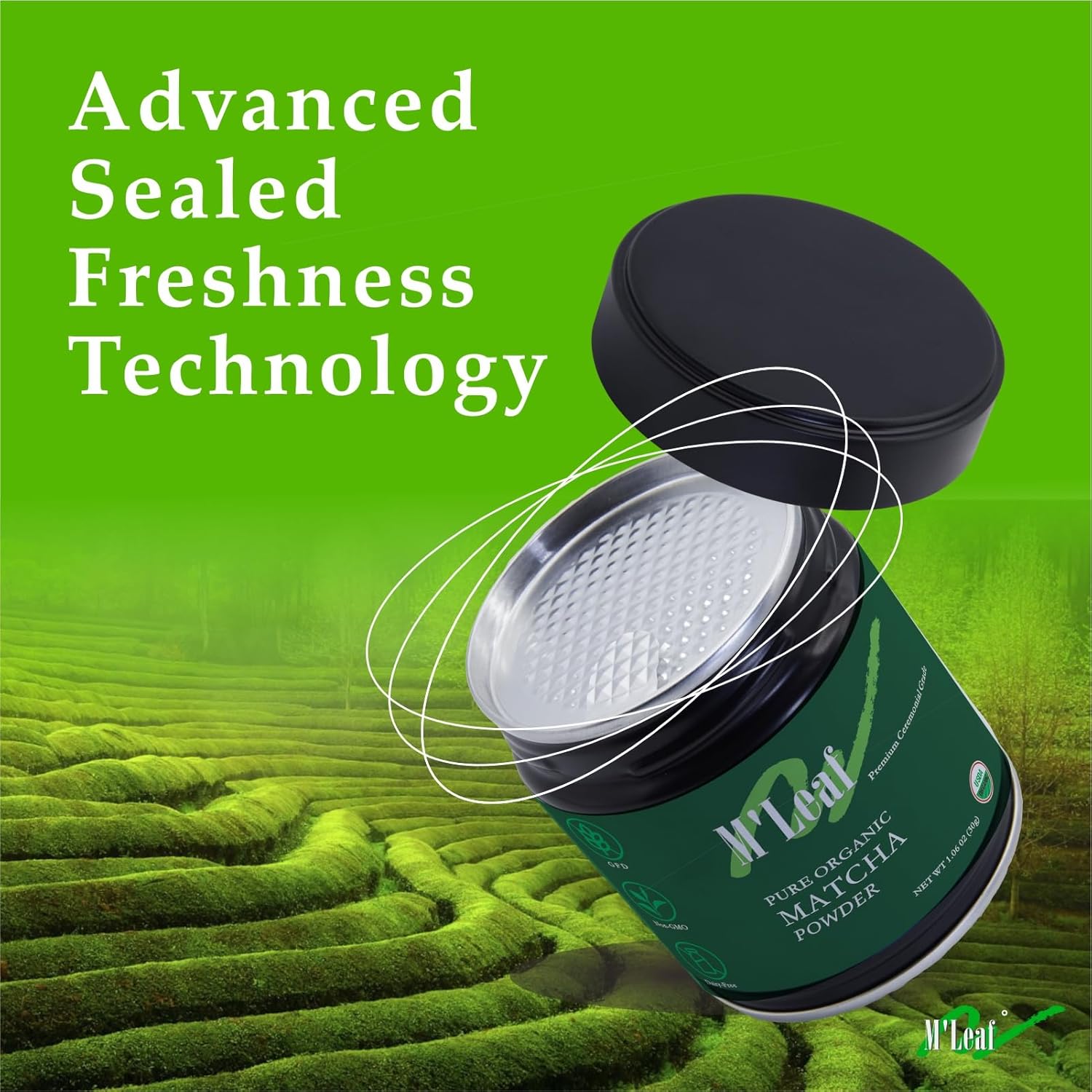 M'leaf Matcha Powder-Organic,Ceremonial Grade,Authentic 1st Harvest,Unsweetened,USDA,No Additives,Air-tight Tin，low-caffeine(1.06oz/30g)
