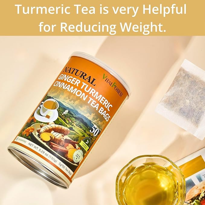 50 Premium Turmeric Ginger Cinnamon Tea Bags, Vitalforest Natural Ginger Tea Bags, Pure Turmeric Tea, Herbal Cinnamon Tea, Supports Digestion