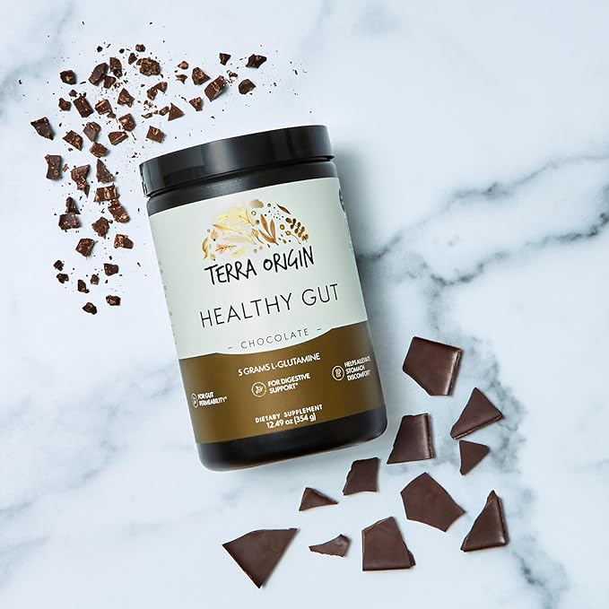 Terra Origin Healthy Gut Chocolate, 30-Servings with L-Glutamine, Zinc, Glucosamine, Slippery Elm Bark, Marshmallow Root and More!