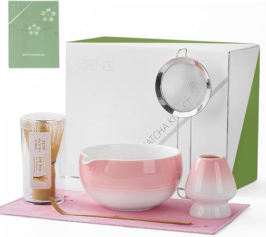 ZENS Pink Matcha Set, 6pcs Matcha Kit Includes Ceramic Bowl, Handcrafted Bamboo Whisk and Chasen Holder, Scoop, 304 Sifter & Tea Mat, Matcha Whisk Set Gift for Matcha Lovers