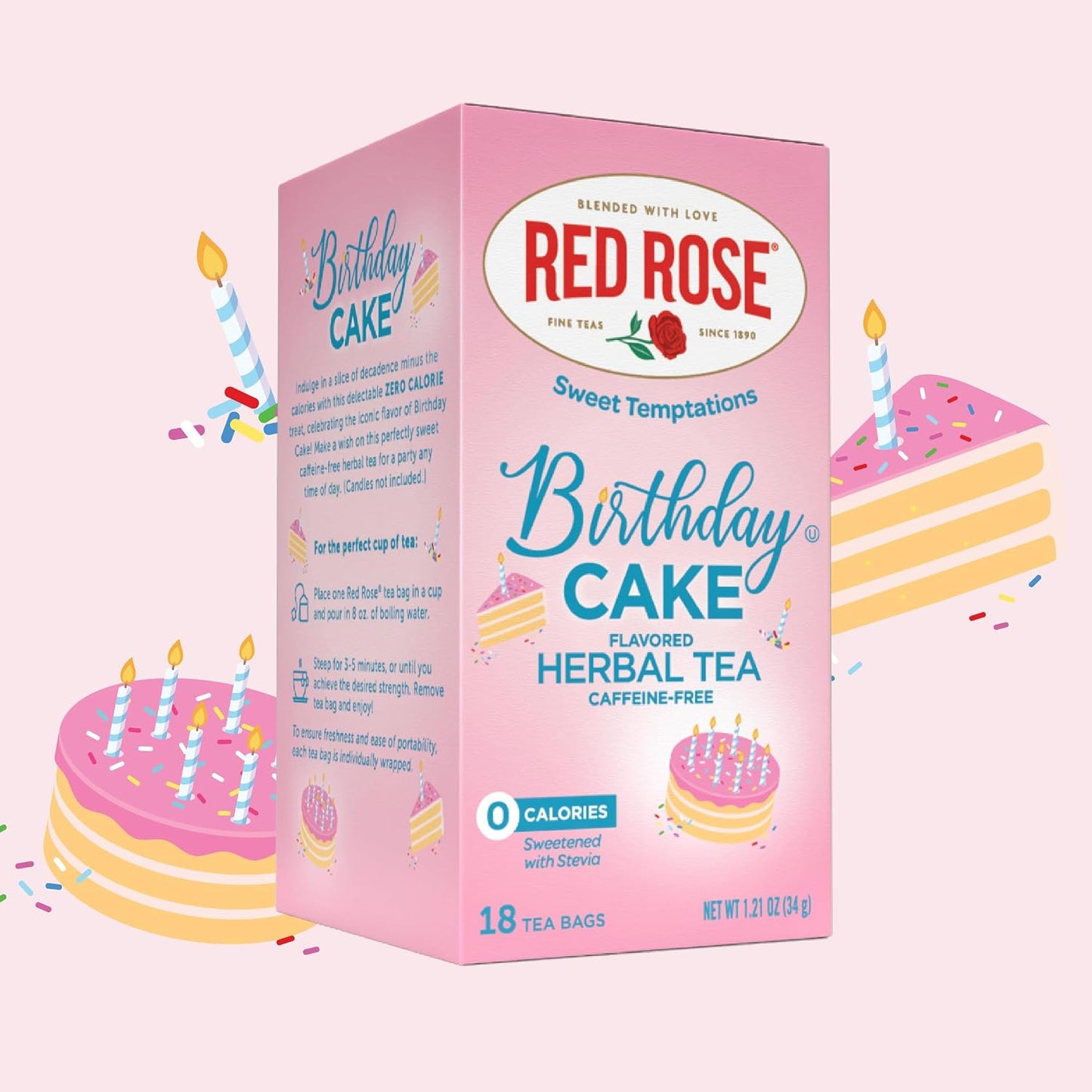 Red Rose Sweet Temptations Birthday Cake Dessert Herbal Tea, 18 Bags 6 Pack | Sweet, dessert-inspired herbal tea | Naturally flavored | Caffeine-free | Ideal sweet treat