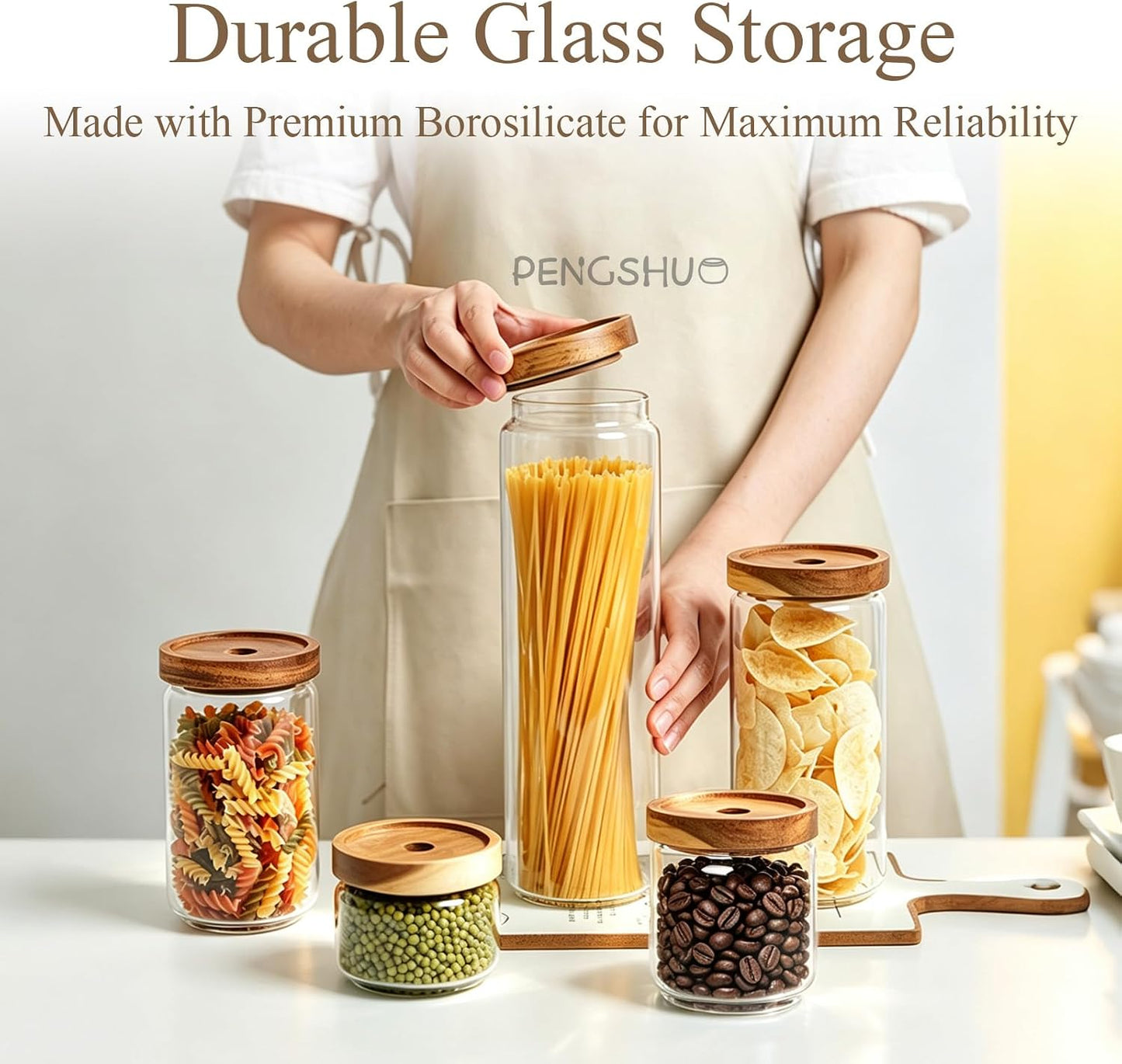 Glass Jars with Airtight Wood Lids - 11 oz Mini Kitchen Pantry Storage Containers, Stackable Decorative Canisters for Chia Seed, Sugar, Tea, Spice, Salt, Matcha, Nuts, Sauce, Cocoa powder, Set of 2