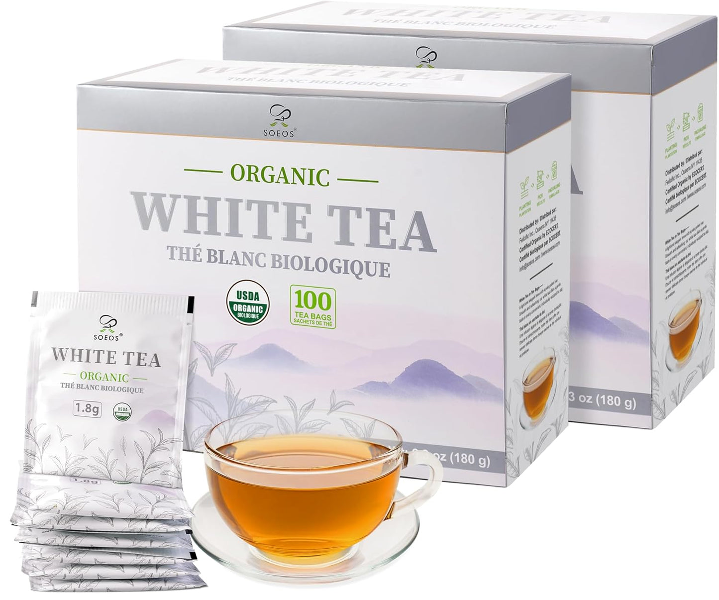 Soeos Organic White Tea, 100 Tea Bags, Pack of 2, Total 200 Teabags, Individually Wrapped Teabags, Low Caffeine, Subtle Floral Aroma & Smooth Taste, Quality Tea for Everyday Brewing, Perfect for Hot or Iced Tea Lovers, 6.3oz (180g) of Each