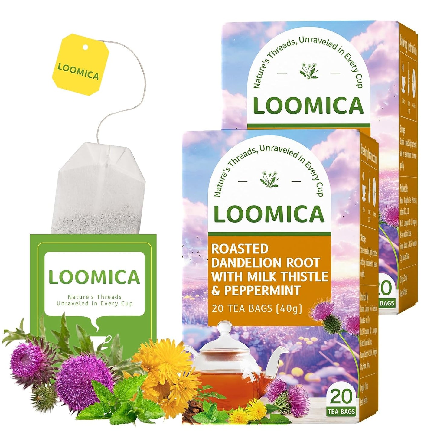 LOOMICA Roasted Dandelion Root with Milk Thistle &amp; Peppermint, 20 Ct (2pk) | Caffeine-Free, Toasted Nutty Flavor, Coffee Alternative, Bold &amp; Smooth, Individually Wrapped, Daily Herbal Tea