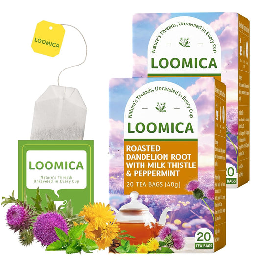 LOOMICA Roasted Dandelion Root with Milk Thistle &amp; Peppermint, 20 Ct (2pk) | Caffeine-Free, Toasted Nutty Flavor, Coffee Alternative, Bold &amp; Smooth, Individually Wrapped, Daily Herbal Tea