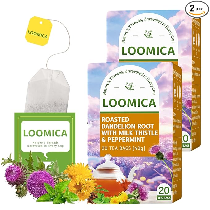 Loomica Roasted Dandelion Root with Milk Thistle & Peppermint, Caffeine Free, with Toasted Nutty Flavor, Wellness Support Herbal Blend