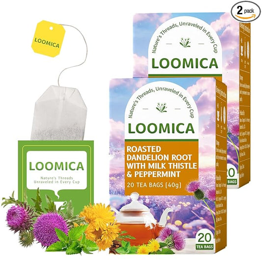 LOOMICA Roasted Dandelion Root with Milk Thistle & Peppermint, Caffeine Free, with Toasted Nutty Flavor, Wellness Support Herbal Blend, Coffee Alternative, Bold & Smooth, 20 Counts (Pack of 2)