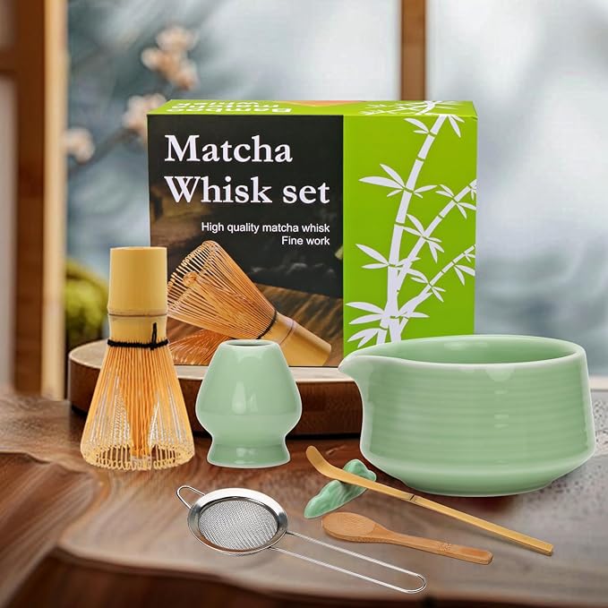 Matcha Whisk Set,7pcs Green Matcha Set includes Matcha Bowl (19 oz),Bamboo Matcha Whisk and Matcha Scoop,Matcha Whisk Holder,Stainless Steel Sifter