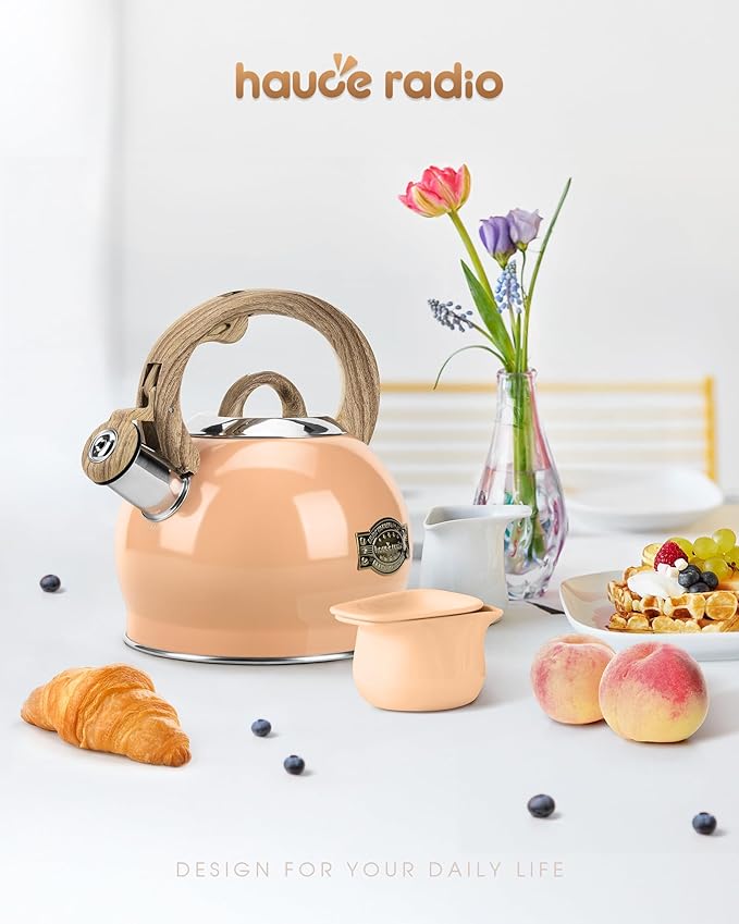 Tea Kettle Stovetop, 2.1 Quart Stove Top Whistling Tea Kettle, Teapot Kettles with Food Grade Stainless Steel and Wood Pattern Folding Handle