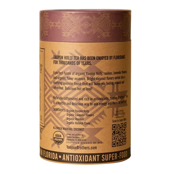 Lavender Coconut Yaupon Tea – Yaupon Brothers – Wild-Crafted, Naturally Caffeinated – Antioxidant-Rich – Florida Grown Superfood – 16 Natural Fiber Tea Bags