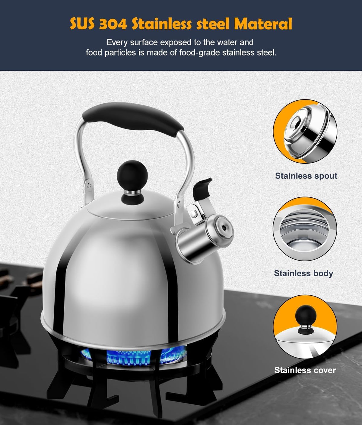 AMFOCUS Tea Kettle, 2 Quart Stainless Steel Whistling Tea Kettle, Stovetop Whistling Teakettle Tea Pots for Stove Top with