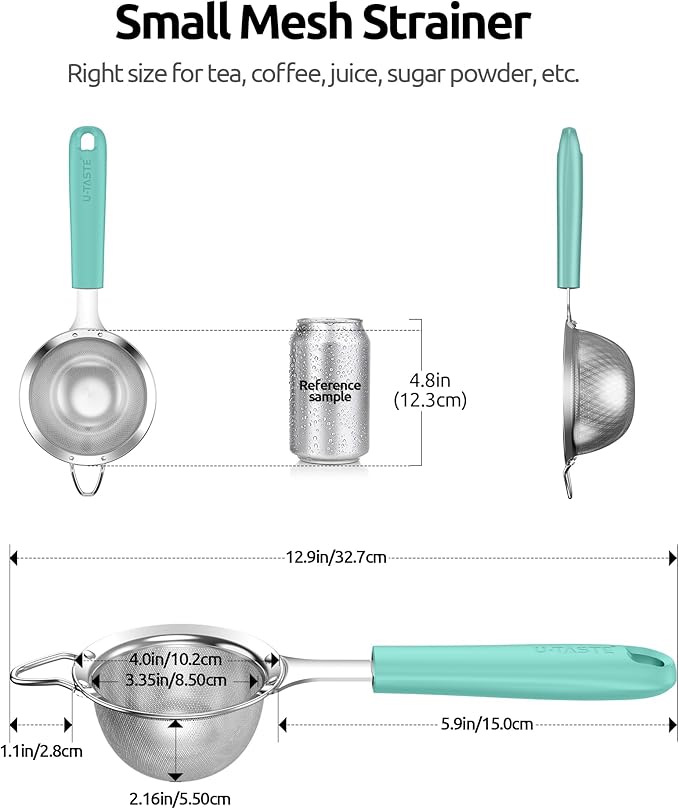 U-Taste Small Fine Mesh Strainer: 18/8 Stainless Steel 3.35in 30 Mesh Kitchen Food Sieve with Sturdy Riveted Silicone Handle
