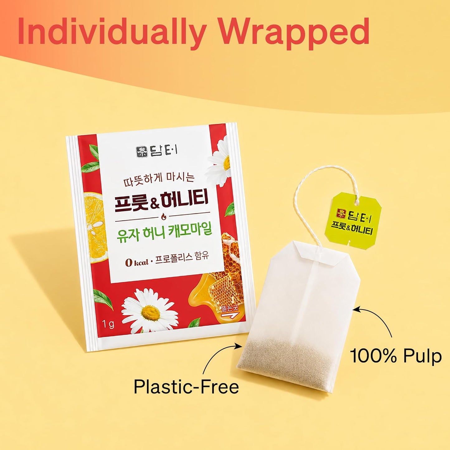 Damtuh Korean Yuzu Honey Chamomile Tea Bags, Caffeine-Free, 20 Count | Bright yuja citrus with floral chamomile; sugar-free, 0 calories; 1 g tea bags, individually wrapped