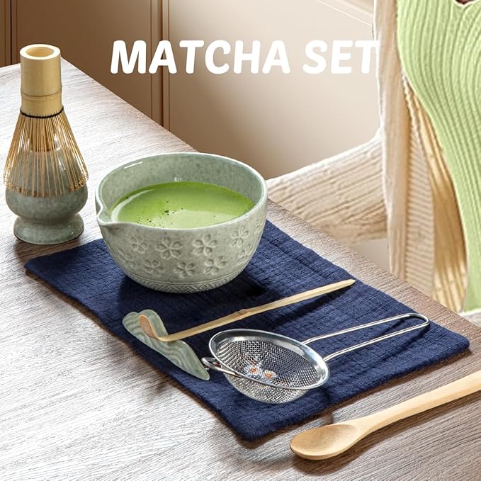 Green Sakura Matcha Whisk Set, 8 PCS Green Sakura Matcha Set Kit, Japanese Ceremonial Matcha Set Whisk and Bowl with Spout, Matcha Gift/Accessories