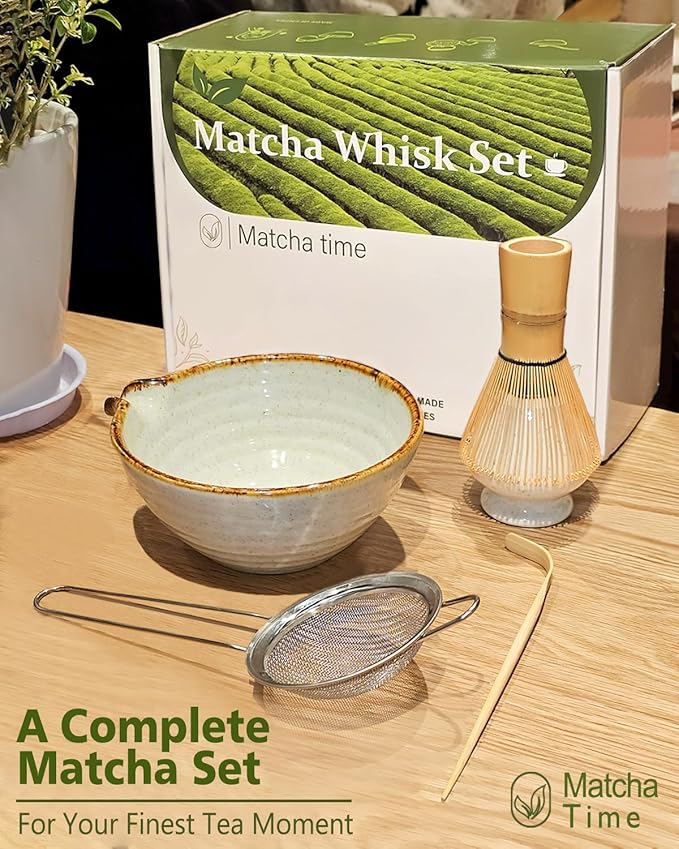 Matcha Whisk Set with Matcha Bowl, Matcha Whisk Holder Matcha Bamboo Whisks, Scoop, Sifter