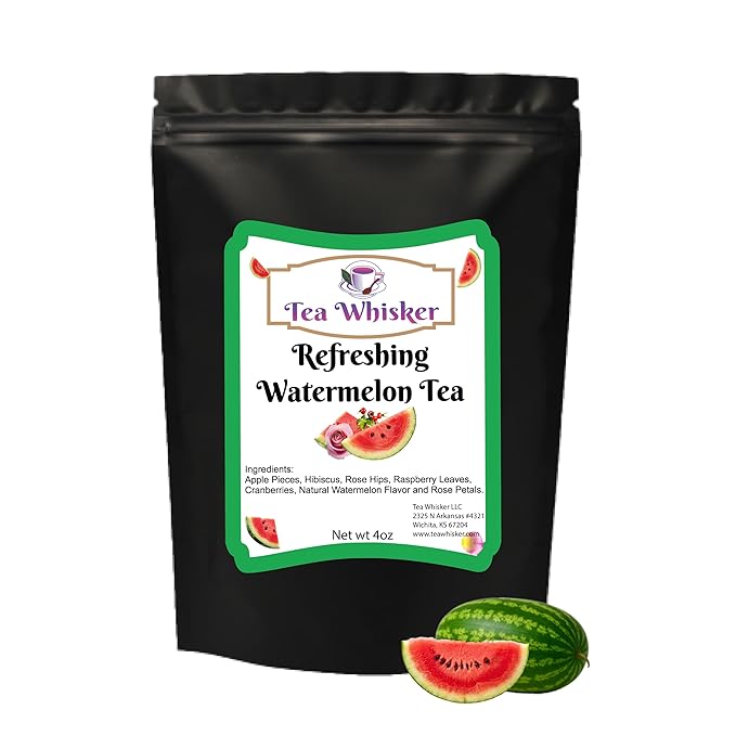 Tea Whisker - Refreshing Watermelon, Fruity Herbal, Loose Leaf Tea, 4 Ounce Pouch, Serve Iced or Hot, Non-Caffeinated
