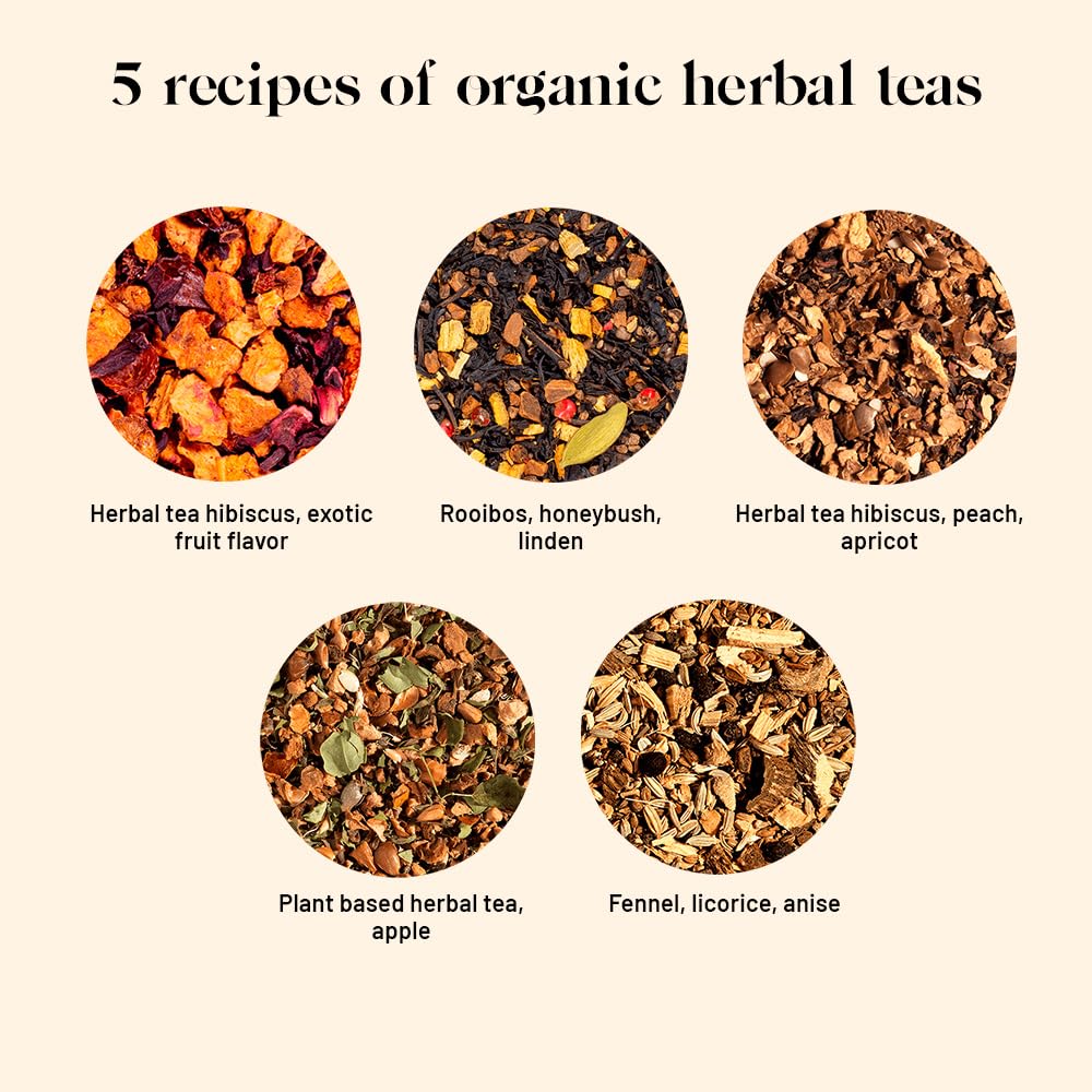 Kusmi Tea - Organic Herbal Tea Gift Set + Tea Infuser- Gift Idea for Men and Women - Caffeine-Free Teas - Hibiscus Tea, Chamomile Tea, Ginger Tea - Loose Leaf Tea - 5 Tins of 0,9 oz