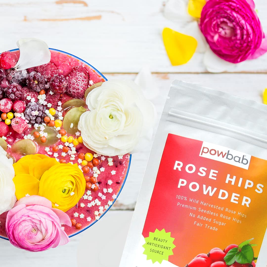 powbab Rose Hips Powder from 100% Wild Organic Rosehip. Premium Rosa Rubiginosa. Seedless Ground Rosehips from Whole Dried
