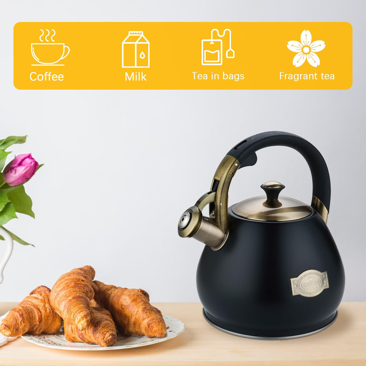 Lazneyru Tea Kettle Stovetop Whistling Kettle Teapot, 3Quart Tea Pot Stainless Steel Teakettle for Stove Top with Heat Proof
