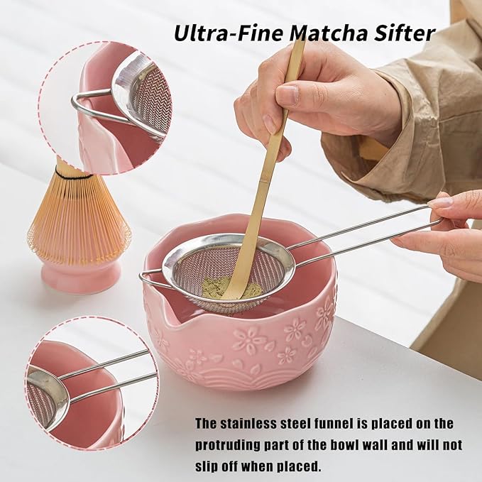 Matcha Whisk Set - 6 Pcs Matcha Set，Handcrafted Bamboo Chasen & Ceramic Bowl Matcha Kit,with Stainless Steel Sifter, Bamboo Scoop & Holder for Matcha Tea Ceremony (Mottled Green)