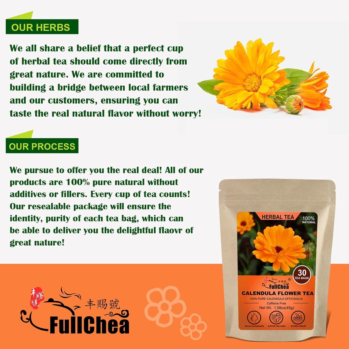 FullChea Premium Cut &amp; Sifted Calendula Tea Bags, 1.5g X 30 Count | Pure Natural Calendula Flowers For Skin Health &amp; Support Wellness, Non-GMO, Caffeine-free, Bittersweet &amp; Mellow