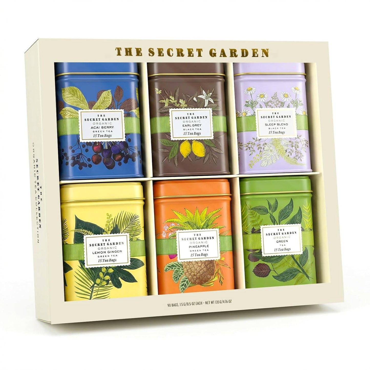 Life Plus Style Gourmet The Secret Garden Organic Tea Collection 6 Assorted Tins 90 Tea Bags Green Black and Herbal Blends with Fruit Infusions for Wellness Ideal for Gifting