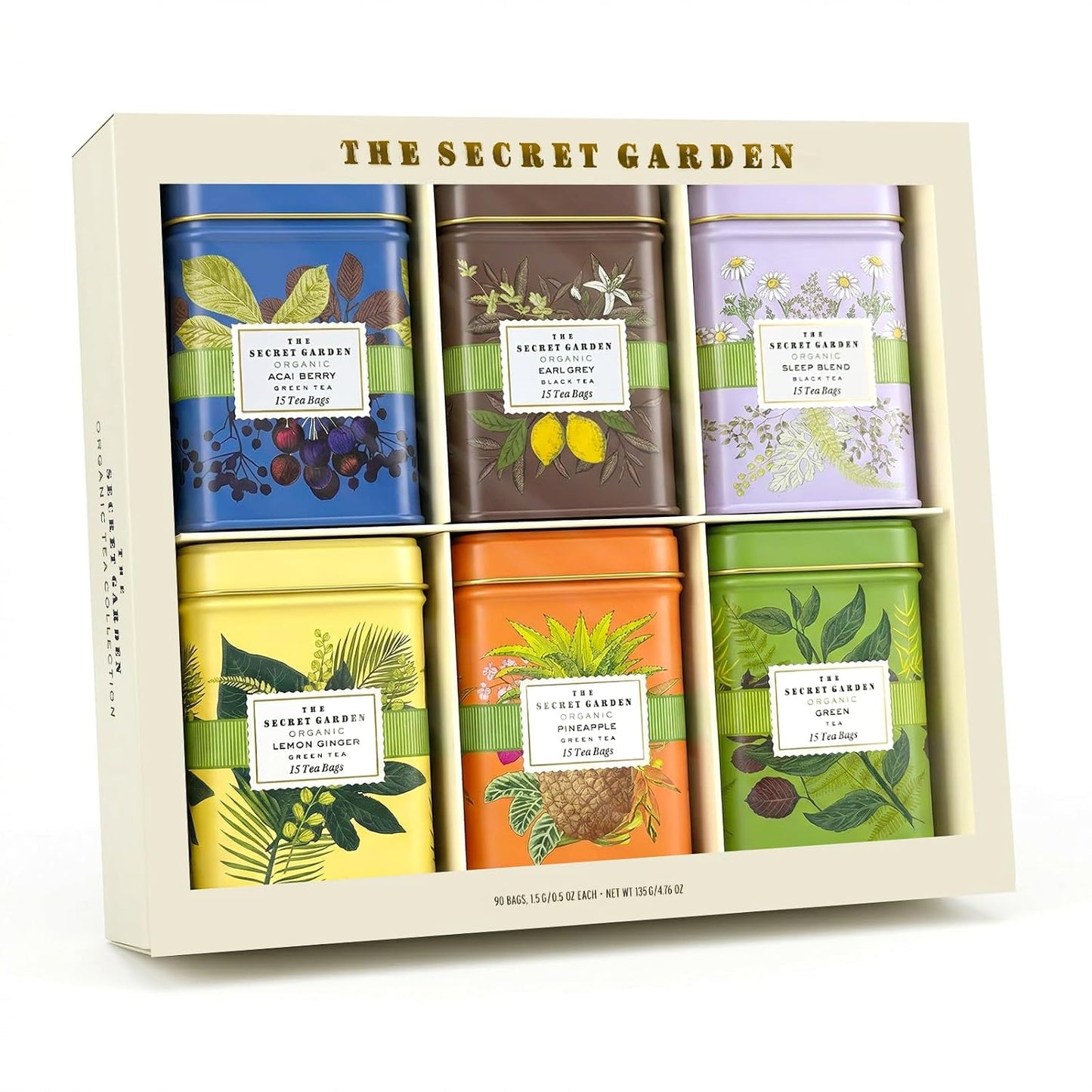 Life Plus Style Gourmet The Secret Garden Organic Tea Collection 6 Assorted Tins 90 Tea Bags Green Black and Herbal Blends with Fruit Infusions for