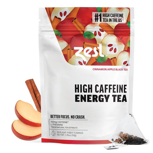 Zest Cinnamon Apple Spice Energy Tea – High Caffeine Black Tea Bags for Focus, Clarity &amp; Morning Energy – Natural Non-GMO Caffeinated Breakfast Tea – Cozy Fall Focus Tea with 150mg Caf – 20Ct Pack