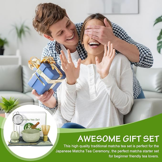 7Pcs Matcha Whisk Set,Ceramic Matcha Tea Set Includes Whisk Matcha Bowl Scoop and Whisk with Holder Sifter Towel,Elegant Matcha Kit Gift for Matcha Enthusiasts and Tea Lovers(Matcha Green)