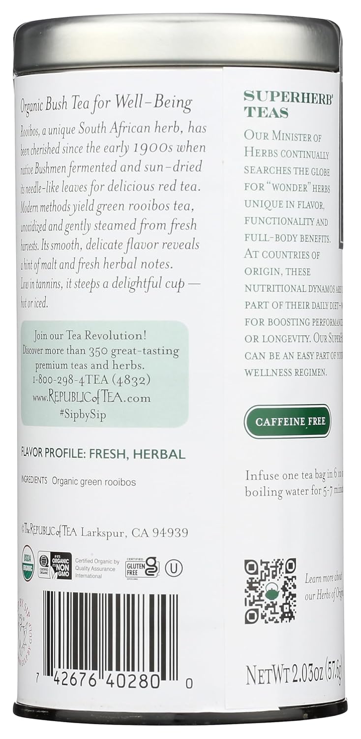The Republic of Tea SuperHerb South African Green Rooibos Herbal Tea, 36 Ct | Caffeine Free. Suitable for day or evening sipping. Mellow with a rounded finish. USDA Organic and Gluten Free.