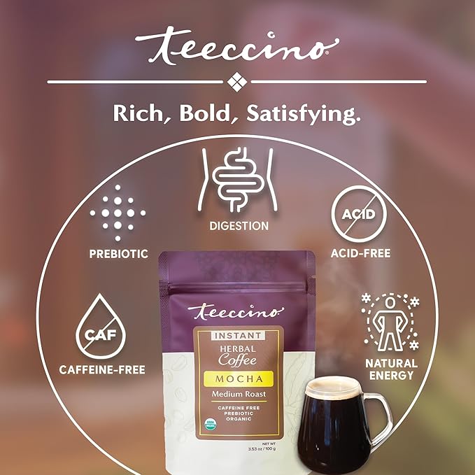 Teeccino Instant Organic Mocha Herbal Coffee– 33 servings – Instant Chicory Coffee Alternative with Lush Chocolate Slightly Sweetened by Dates That’s