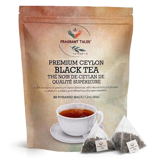 Premium Ceylon Black Tea | 60g (2.12 oz) – 30 Pyramid Tea Bags | Whole Leaf Ceylon Tea from Sri Lanka (Ceylon) | Bold & Bright Flavor with Delicate Hints of Fruit & Spice | Fragrant Tales