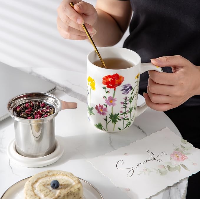 AmorArc Porcelain Tea Mug with Infuser and Lids, 18 Oz Coffee Cup Strainer with Bag Holder for Loose Leaf Tea