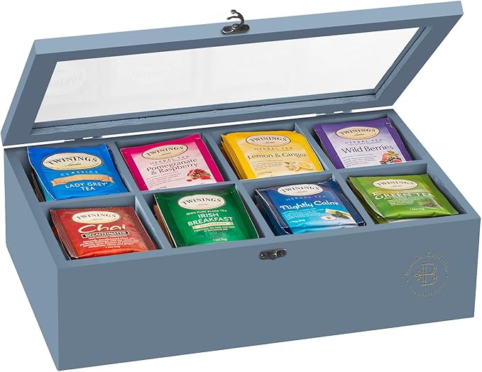 Tea Bag Organizer - Grey Bamboo Tea Box Organizer Storage Box, Tea Bag Holder with Acrylic Window, Magnetic Lid Keeps Tea Bags Fresh