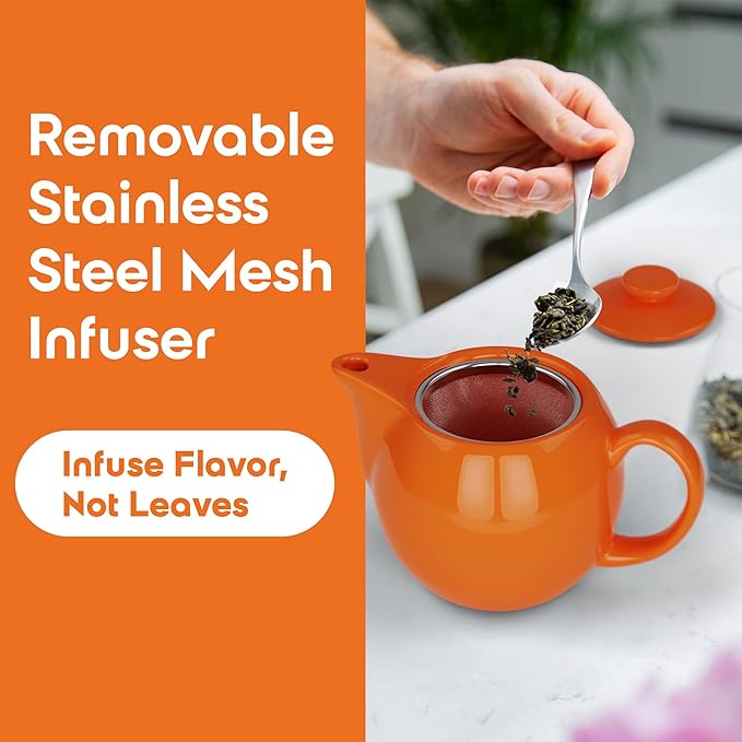 OmniWare 14 Oz Stoneware Teapot with Stainless Steel Mesh Infuser (Orange) - Microwave & Dishwasher Safe, Removable Infuser