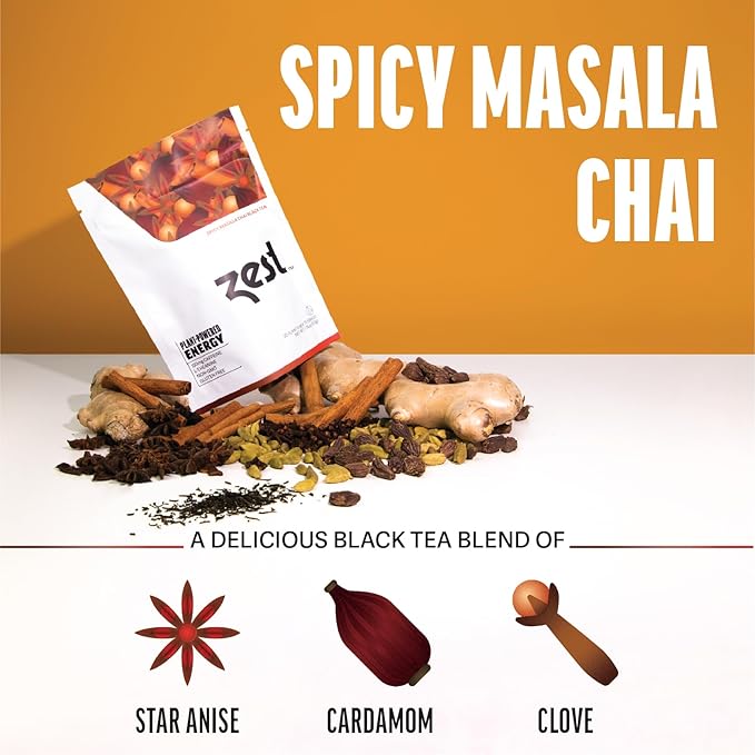 Zest 150mg High Caffeine Energy Leaf Blend - Spicy Masala Chai Black Tea - 20 Pack Bag