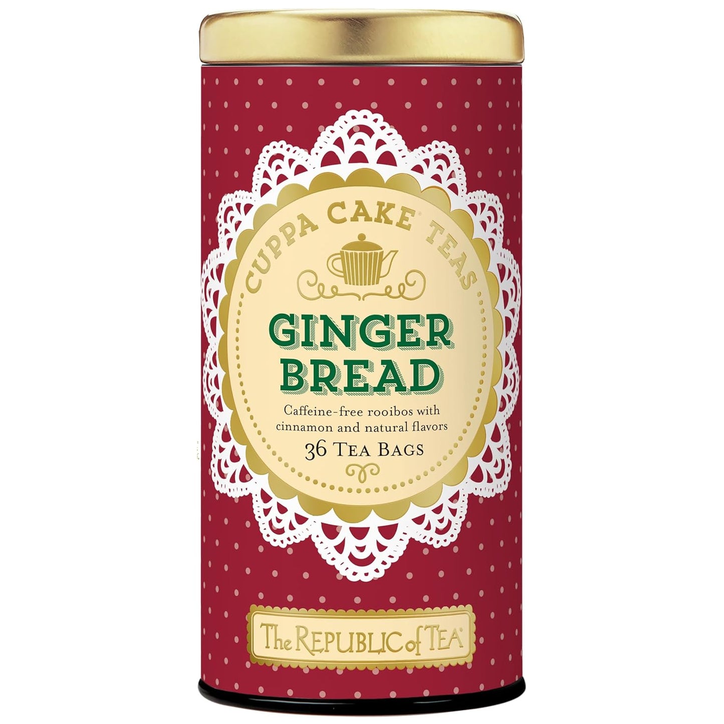 The Republic of Tea Cuppa Cake Gingerbread Herbal Tea, Caffeine Free, 36 Ct | Suitable for day or evening . Mellow and rounded with notes of warming ginger and baking spice. Gluten Free and Carb Free.