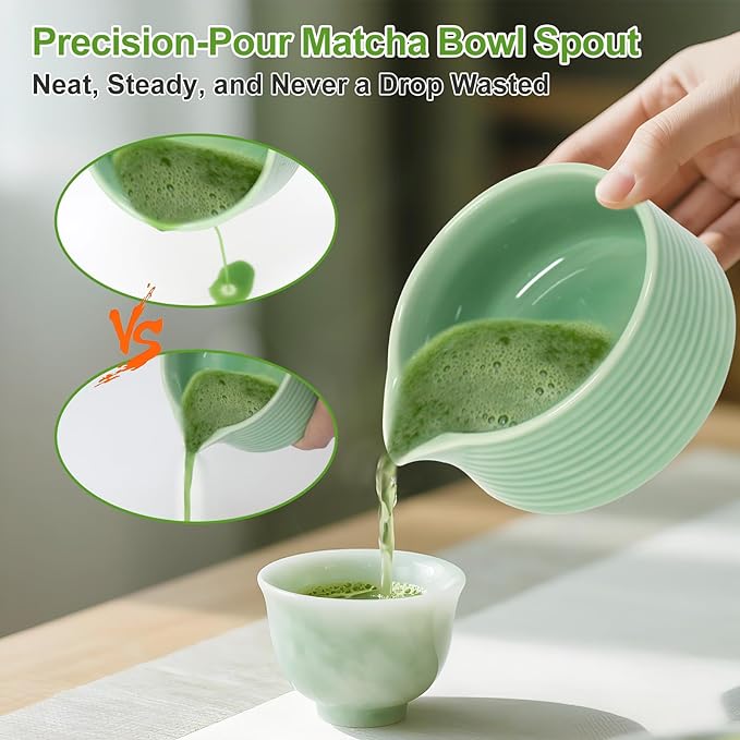 Matcha Whisk Set, 6 Pcs Matcha Set Includes Matcha Bowl with Spout, Matcha Whisk (Chasen), Matcha Whisk Holder, Sifter, Bamboo Spoon & Scoop