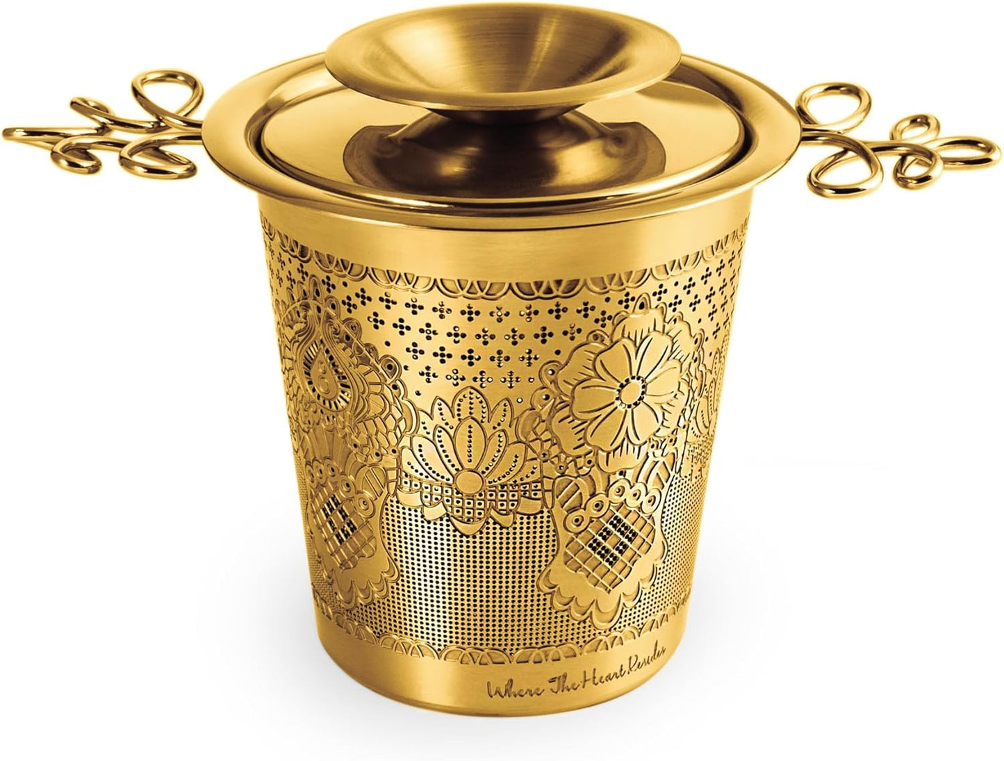 Premium Stainless Steel Tea Infuser Basket Gift Set - Gold Plated Loose Leaf Tea Steeper with Floral Engraved Lid, Stand & Fine Mesh Filter | Best Tea Strainer for Tea Lover